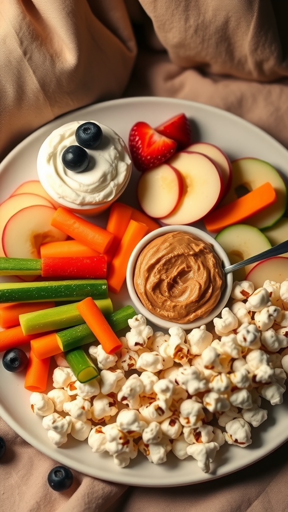 An assortment of healthy snacks including yogurt, fruit, vegetables, hummus, and popcorn on a rustic table.